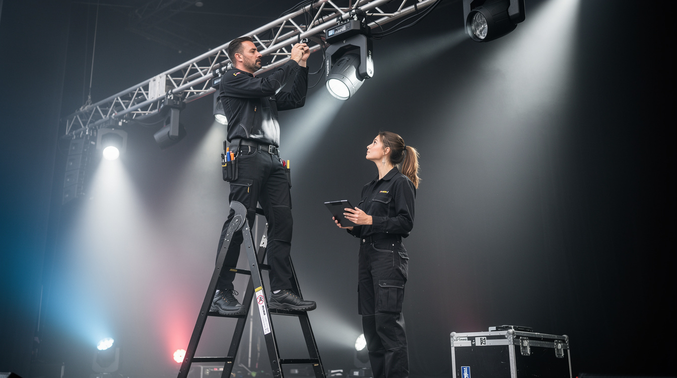 Technicians setting up stage lighting equipment