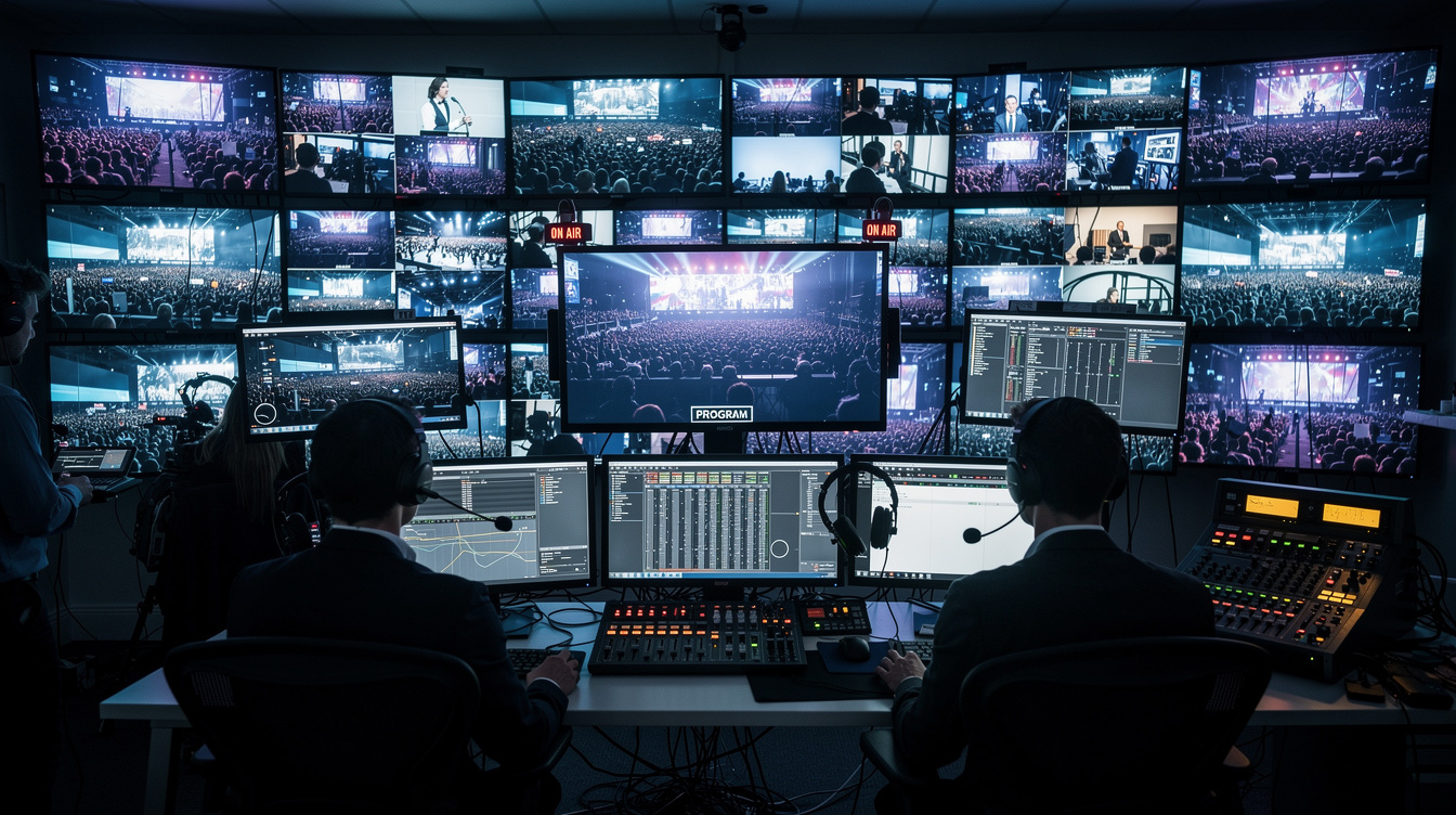 Production control room with video monitors