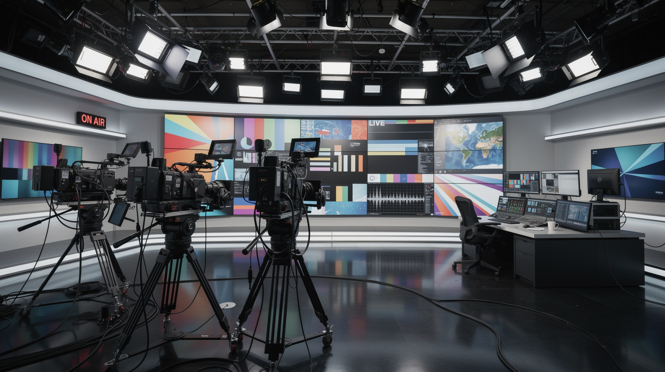 TV studio setup with multiple cameras and monitors